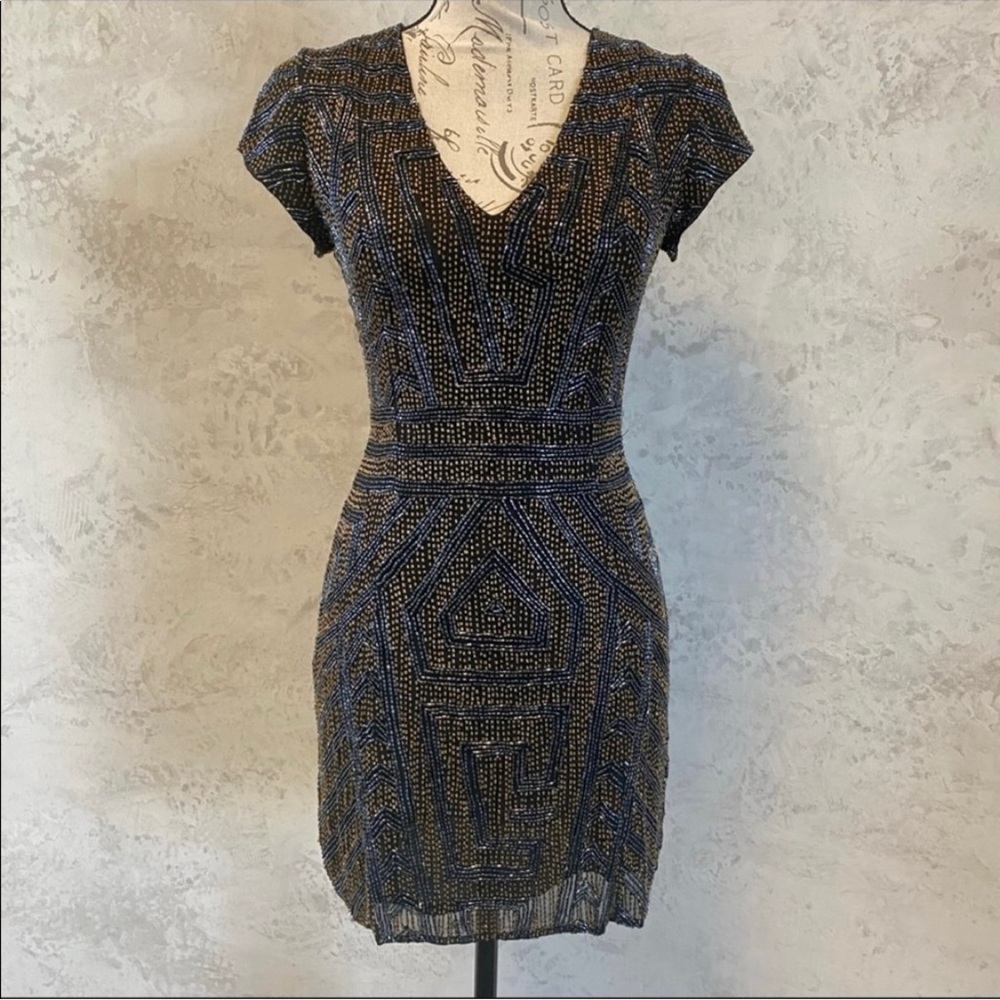 Parker beaded mini dress with gold and hematite beads